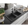 Mexen Tomas granite sink 2-bowl with Rita kitchen tap, speckled black - 6516-76-670300-70-B