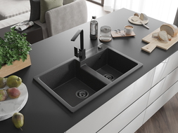 Mexen Tomas dvokomorni granitni pomivalnik z kuhinjsko armaturo Rita, črna z drobnimi pikčastimi vzorci - 6516-76-670300-70-B