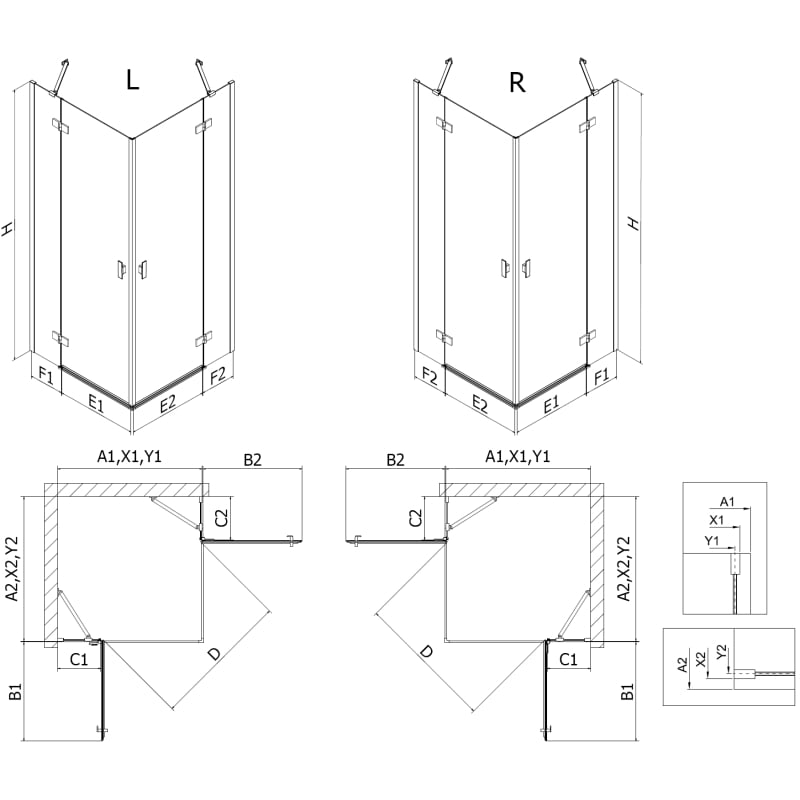 Mexen Mist-H Duo cabine de douche pivotante droite 70 x 95 cm, transparent, nickel brossé - 8A5-070L-095P-97-00
