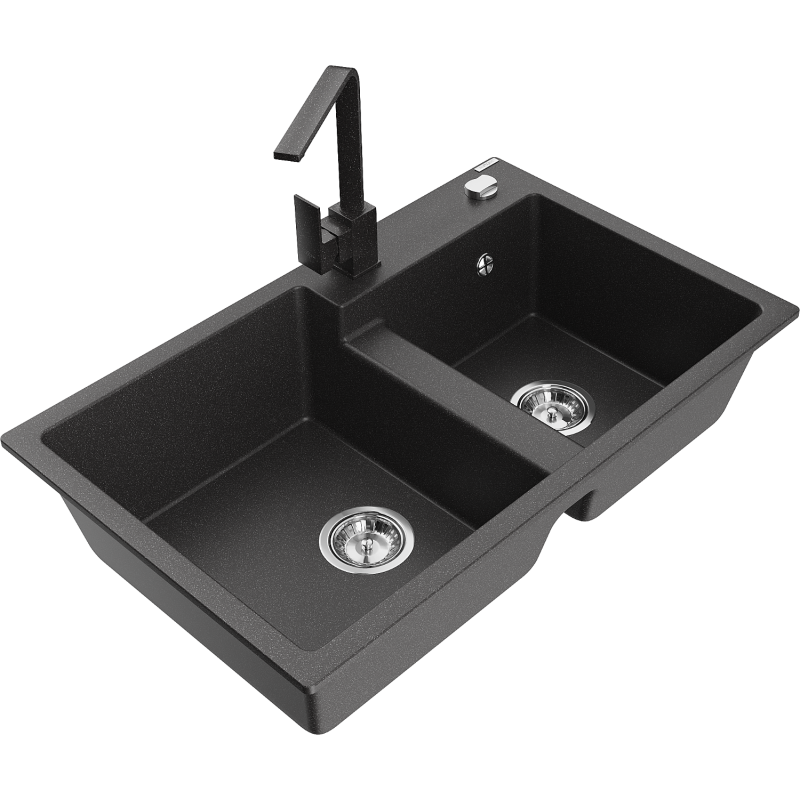 Mexen Tomas fregadero de granito de 2 senos con grifo de cocina Rita, negro moteado - 6516-76-670300-76