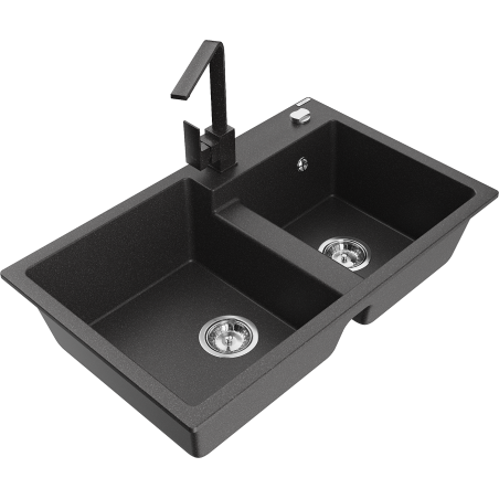 Mexen Tomas fregadero de granito de 2 compartimentos con grifo de cocina Rita, negro moteado - 6516-76-670300-76