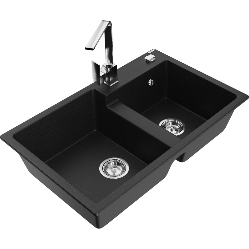Mexen Tomas granite sink with 2 bowls and Rita kitchen tap, black - 6516-77-670300-00