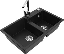 Mexen Tomas lava-louça de granito 2-cubas com torneira de cozinha Rita, preto - 6516-77-670300-00