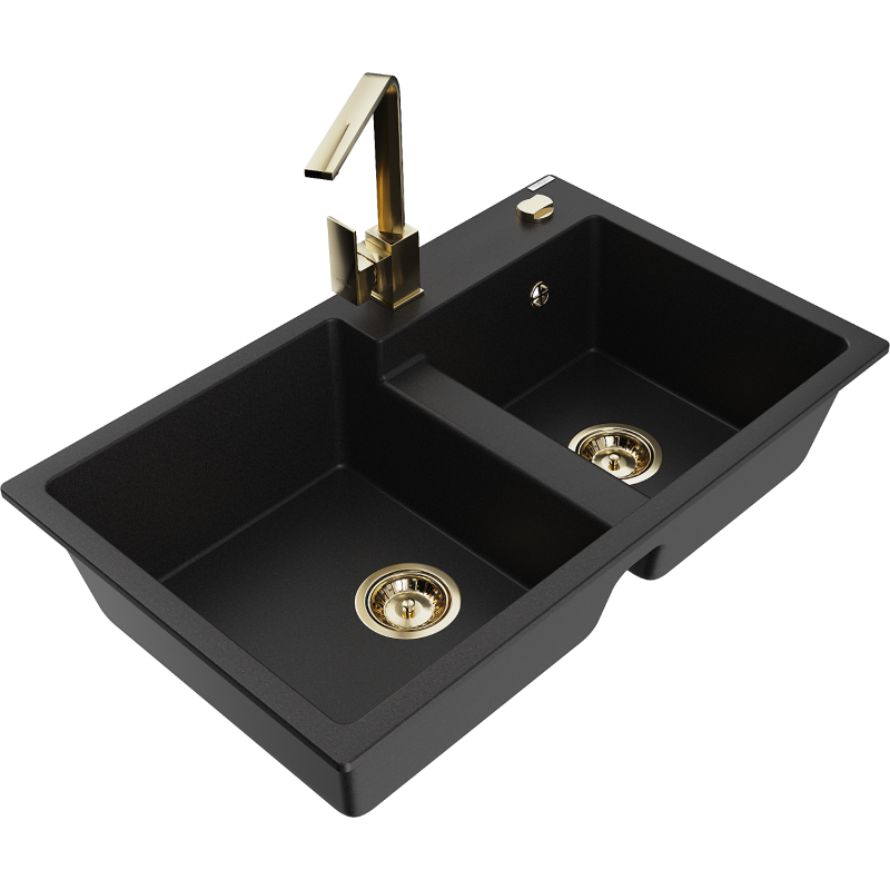 Mexen Tomas granite sink 2-bowl with Rita kitchen tap, black - 6516-77-670300-50