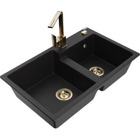 Mexen Tomas granite sink 2-bowl with Rita kitchen tap, black - 6516-77-670300-50