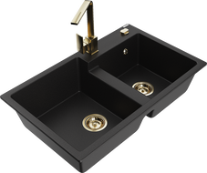 Mexen Tomas lava-loiça de granito de 2 cubas com torneira de cozinha Rita, preto - 6516-77-670300-50