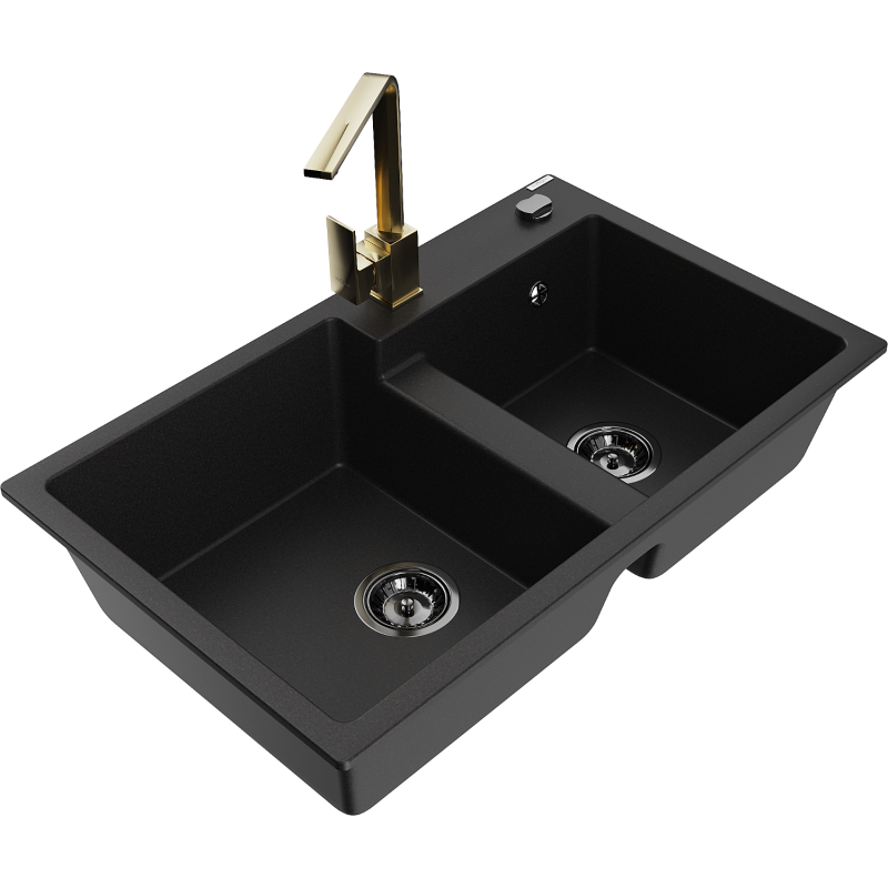 Mexen Tomas 2 nodalījumu granīta izlietne ar virtuves jaucējkrānu Rita, melna - 6516-77-670300-50-B