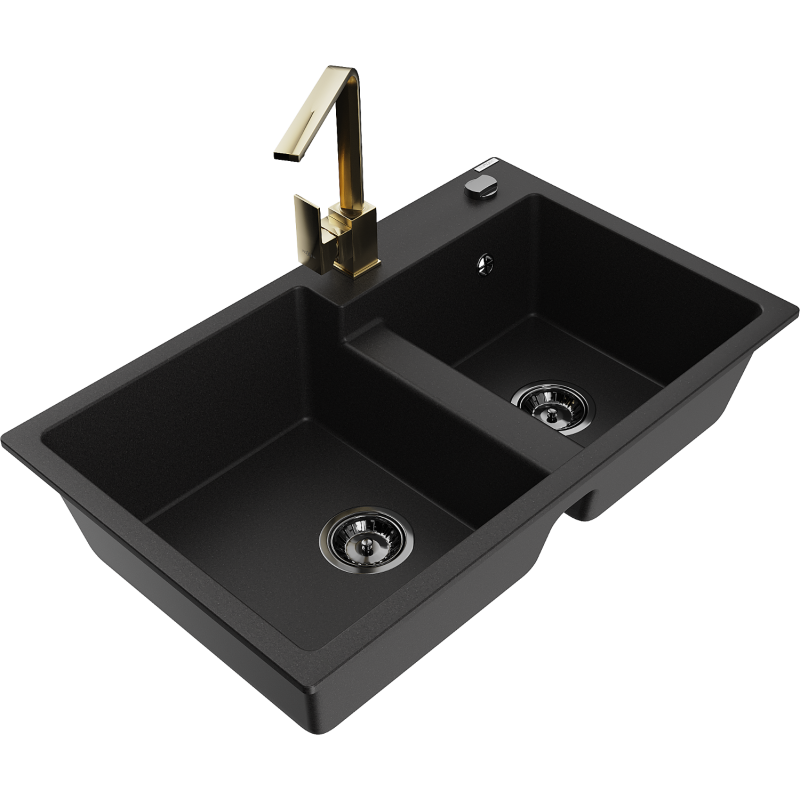 Mexen Tomas granite sink 2-bowl with Rita kitchen tap, black - 6516-77-670300-50-B