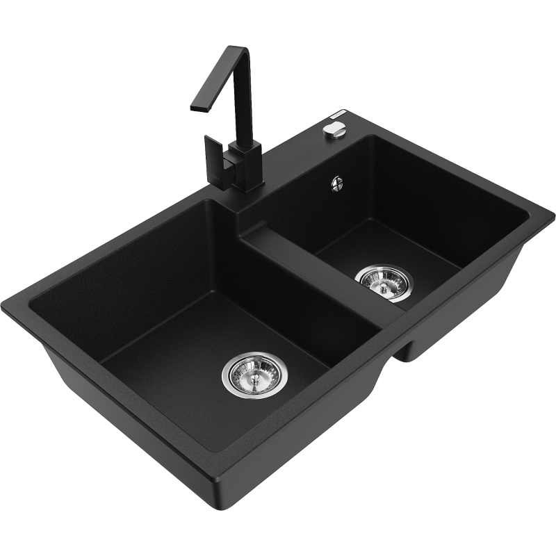 Mexen Tomas granite double-bowl sink with Rita kitchen tap, black - 6516-77-670300-70