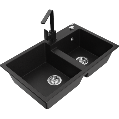 Mexen Tomas granitno pomivalno korito z dvema prekatoma z kuhinjsko pipo Rita, črno - 6516-77-670300-70