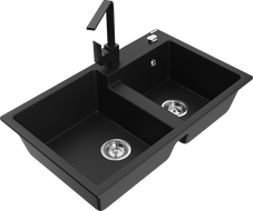 Mexen Tomas granite double-bowl sink with Rita kitchen tap, black - 6516-77-670300-70