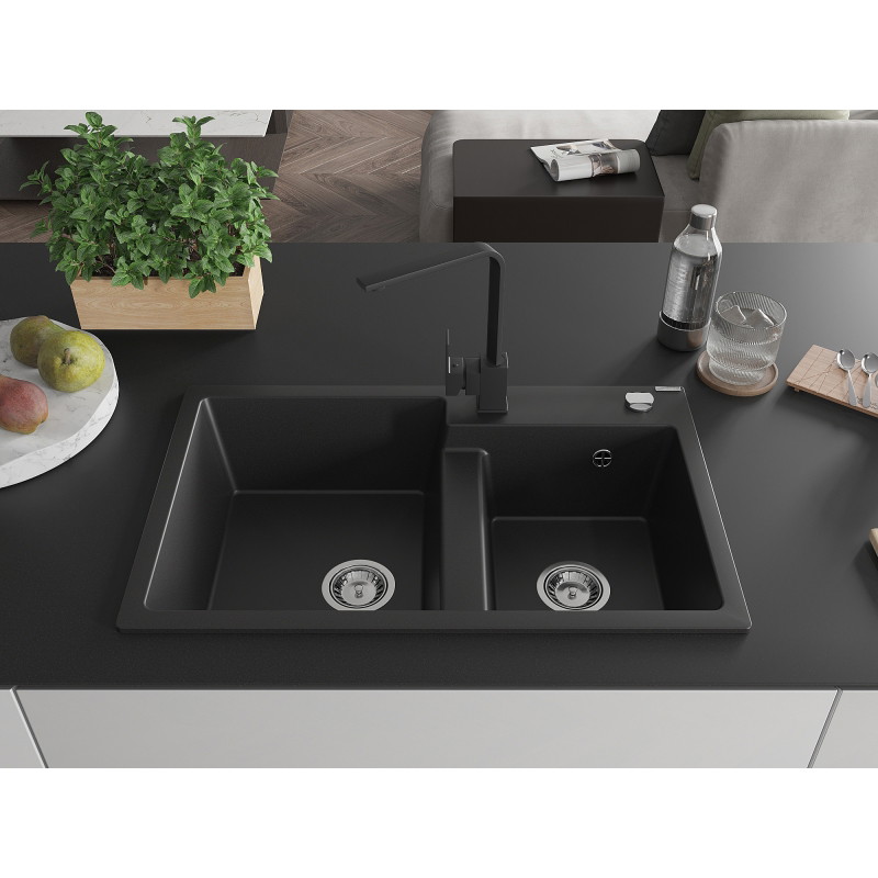 Mexen Tomas fregadero de granito de 2 senos con grifo de cocina Rita, negro - 6516-77-670300-70