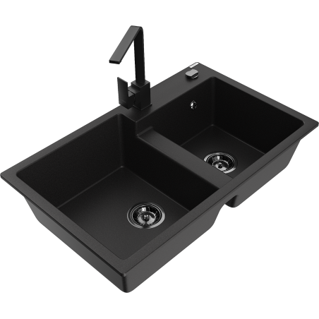 Mexen Tomas 2-bowl granite sink with Rita kitchen tap, black - 6516-77-670300-70-B