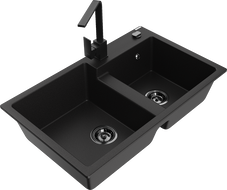 Mexen Tomas 2-bowl granite sink with Rita kitchen tap, black - 6516-77-670300-70-B