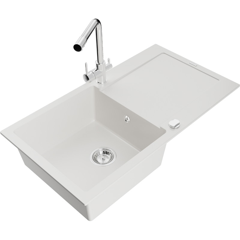 Mexen Leo granitische spoelbak 1-kompartment met afdruiprek en keukenkraan Duero, wit - 6501-20-671600-00