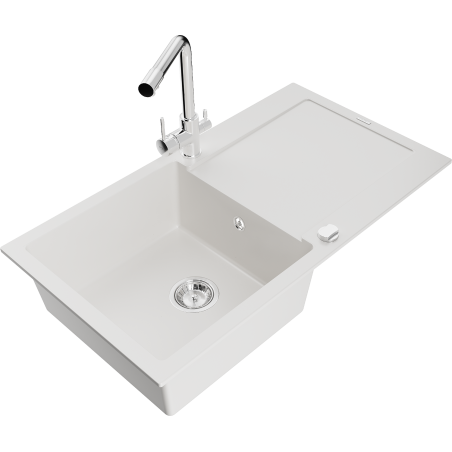 Mexen Leo 1-bowl granite sink with drainer and Duero kitchen tap, white - 6501-20-671600-00