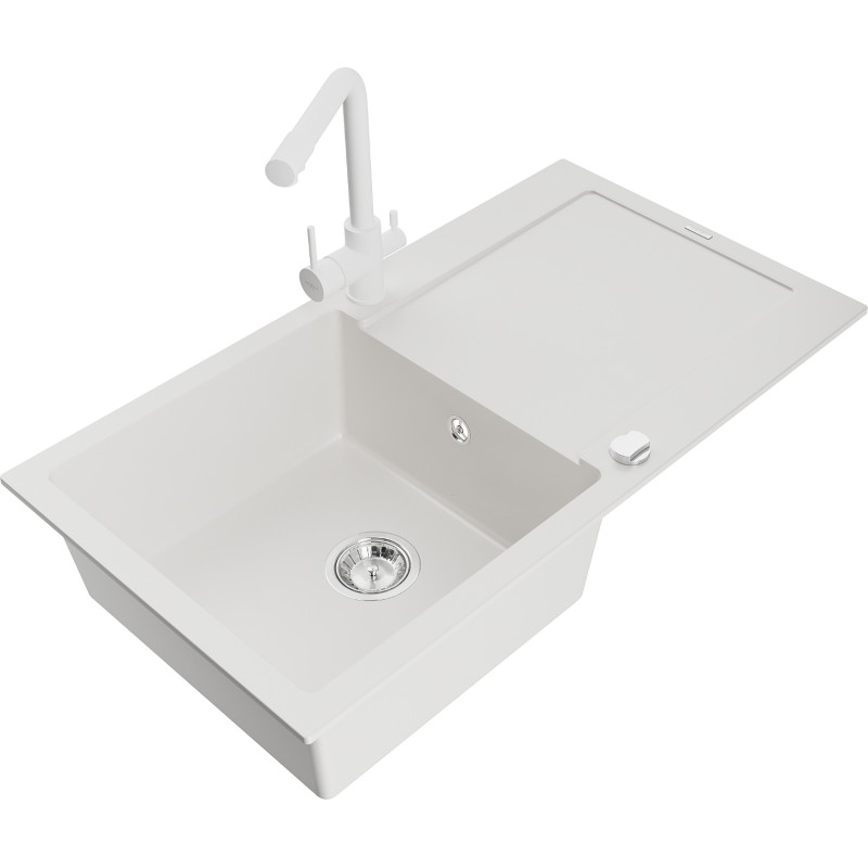 Mexen Leo fregadero de granito de 1 seno con escurridor y grifo de cocina Duero, blanco - 6501-20-671600-20