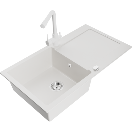 Mexen Leo granite sink 1-bowl with drainer and Duero kitchen tap, white - 6501-20-671600-20