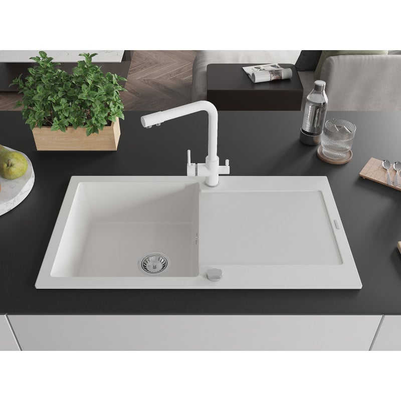 Mexen Leo granite sink 1-bowl with drainer and Duero kitchen tap, white - 6501-20-671600-20