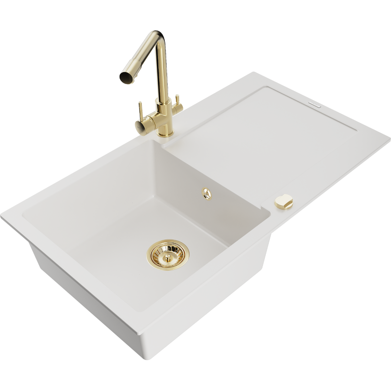 Mexen Leo granite sink with 1 bowl, draining board, and Duero kitchen tap, white - 6501-20-671600-50