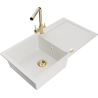 Mexen Leo granite sink with 1 bowl, draining board, and Duero kitchen tap, white - 6501-20-671600-50