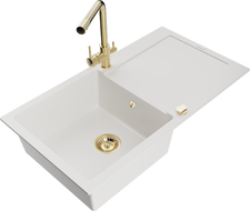 Mexen Leo fregadero de granito de 1 cubeta con escurridor y grifo de cocina Duero, blanco - 6501-20-671600-50