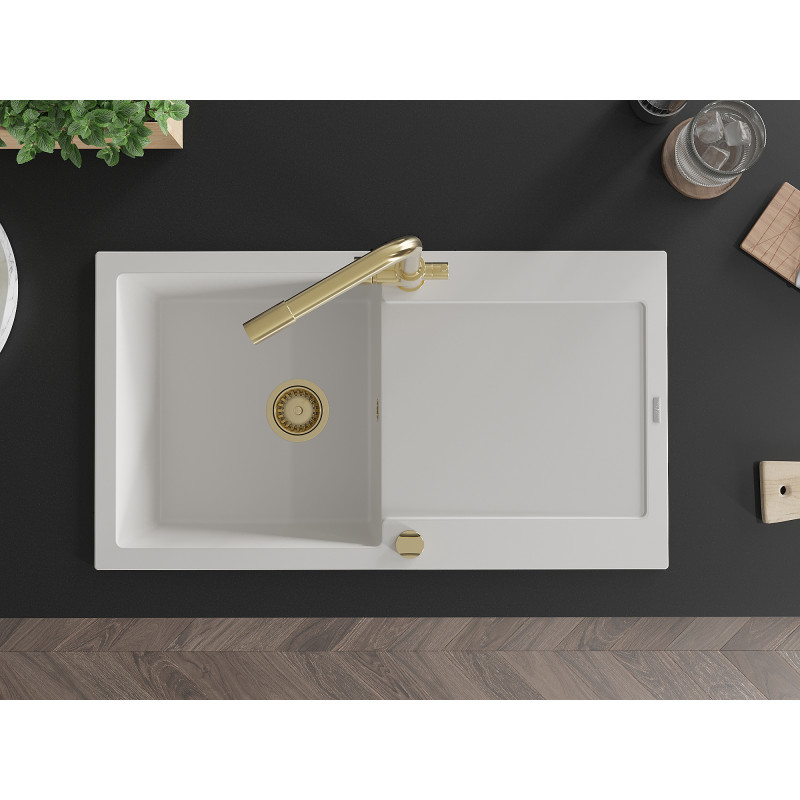 Mexen Leo fregadero de granito de 1 seno con escurridor y grifo de cocina Duero, blanco - 6501-20-671600-50