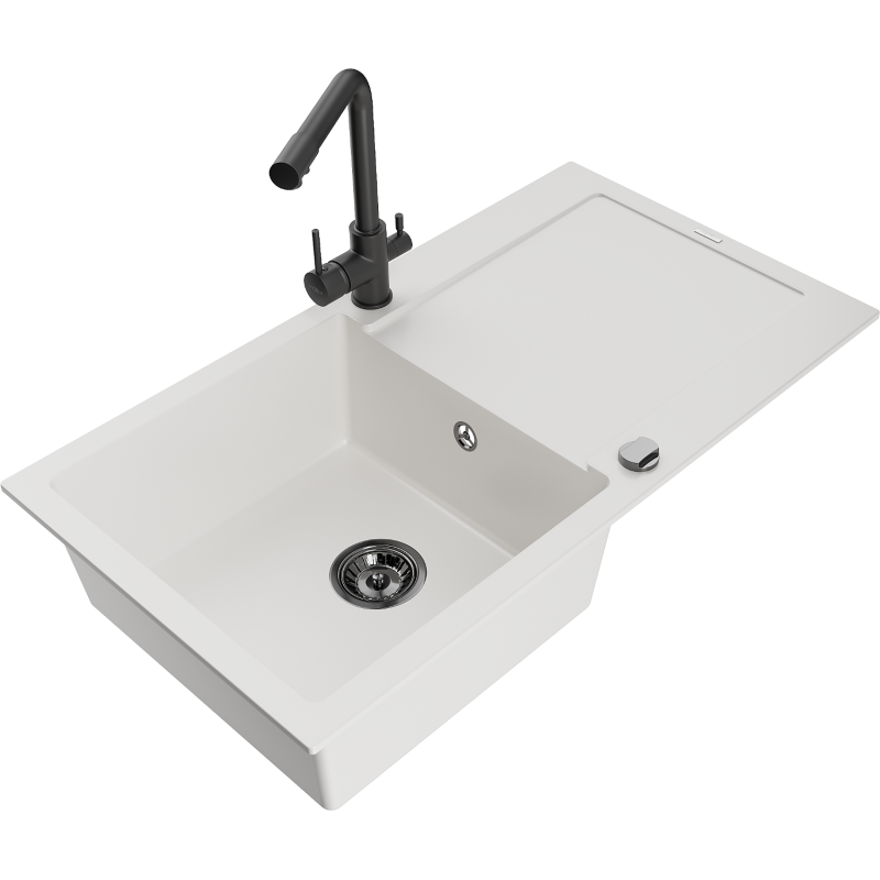 Mexen Leo fregadero de granito de 1 seno con escurridor y grifo de cocina Duero, blanco - 6501-20-671600-70