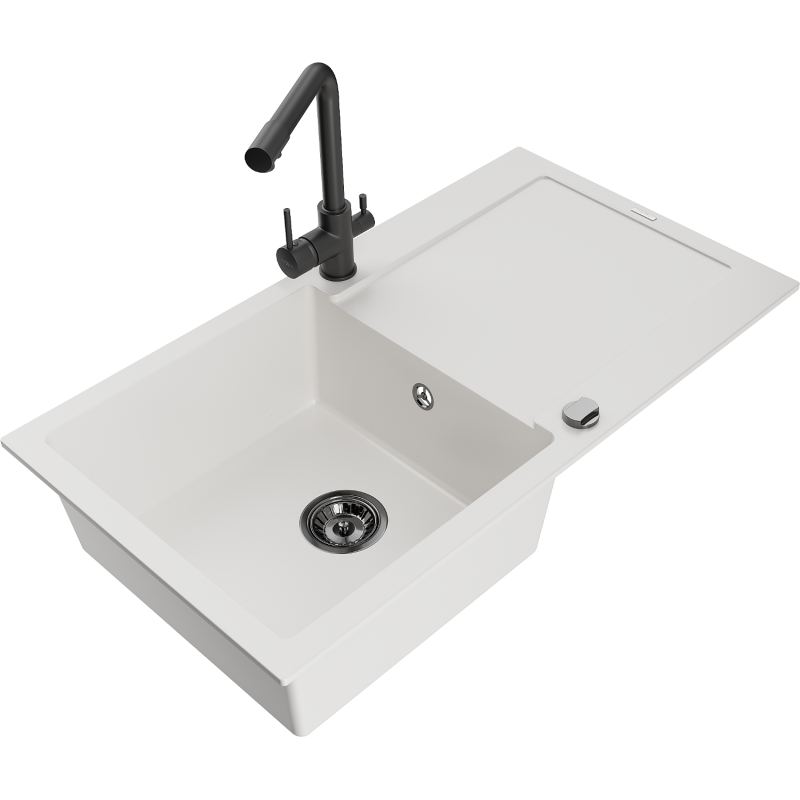 Mexen Leo granite sink 1-bowl with drainer and Duero kitchen tap, white - 6501-20-671600-70