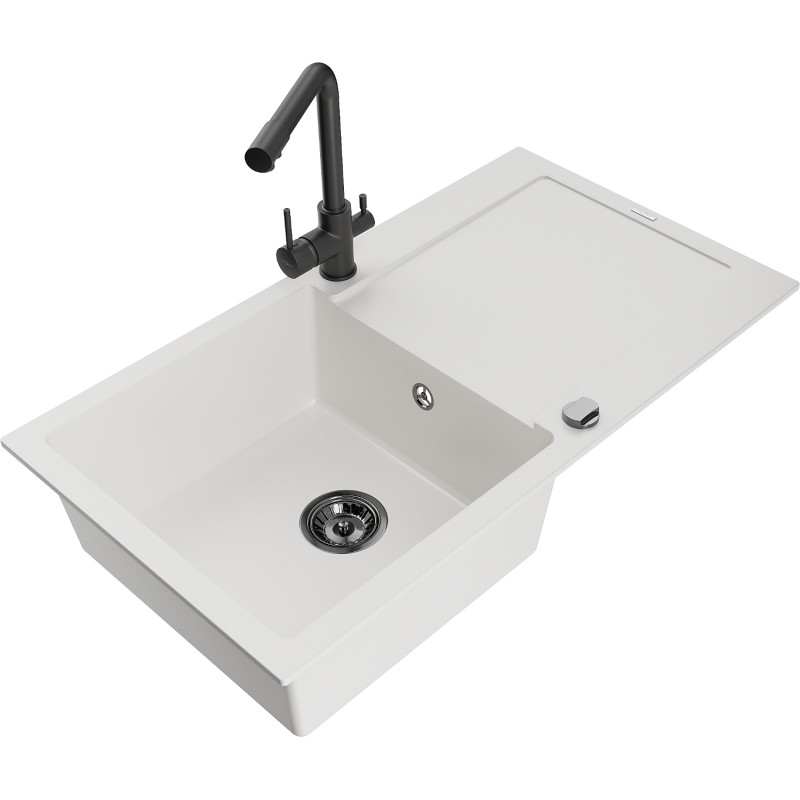 Mexen Leo granitische spoelbak 1-laags met afdruipplaat en keukenmengkraan Duero, wit - 6501-20-671600-70