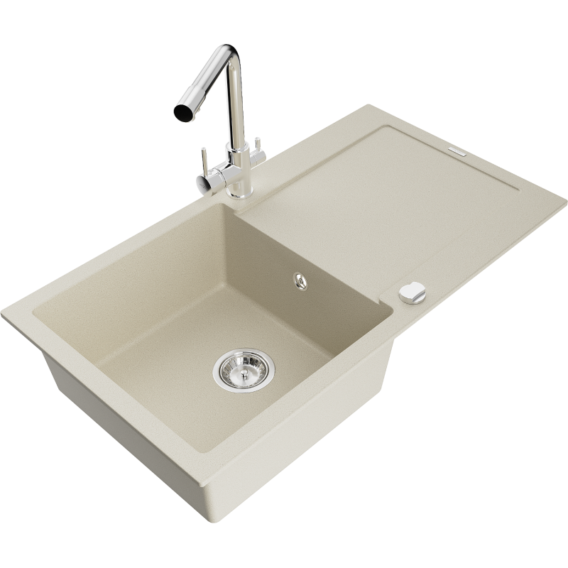 Mexen Leo fregadero de granito de 1 cubeta con escurridor y grifo de cocina Duero, beige - 6501-69-671600-00