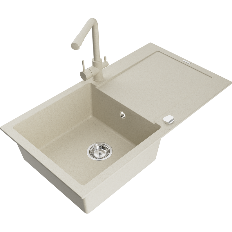 Mexen Leo 1-Becken Granitspüle mit Abtropffläche und Küchenarmatur Duero, Beige - 6501-69-671600-69