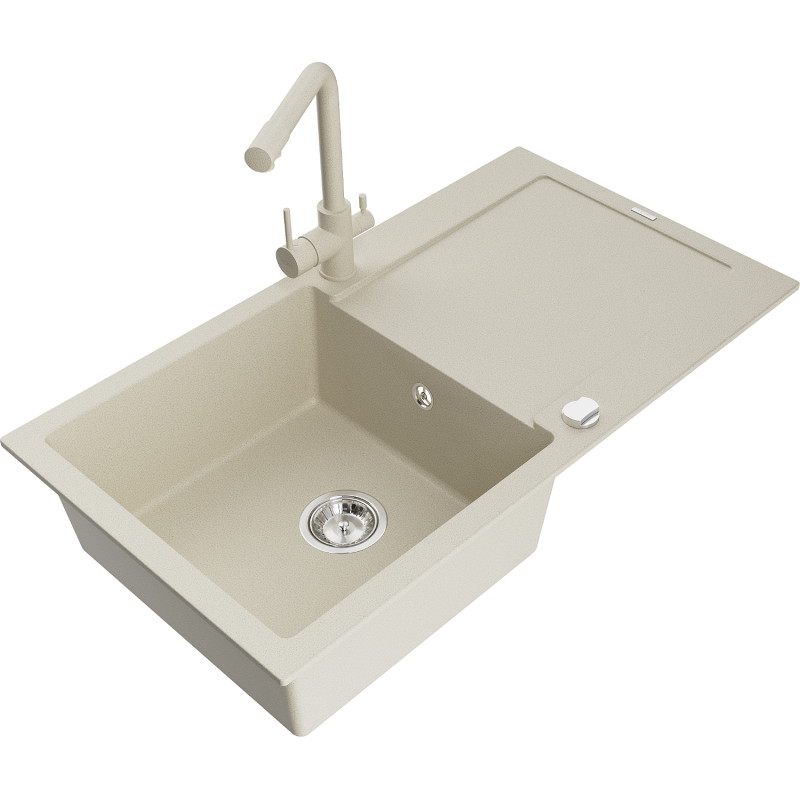 Mexen Leo granit gootsteen 1-komorige met afdruiprek en keukenkraan Duero, beige - 6501-69-671600-69