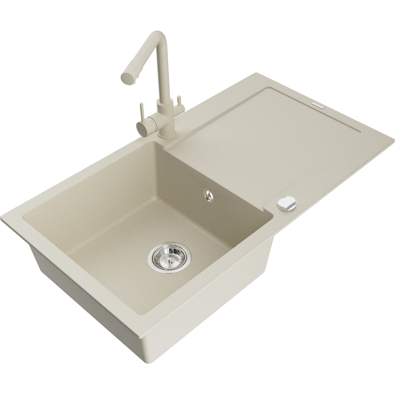 Mexen Leo lavello in granito a 1 vasca con gocciolatoio e rubinetto da cucina Duero, beige- 6501-69-671600-69