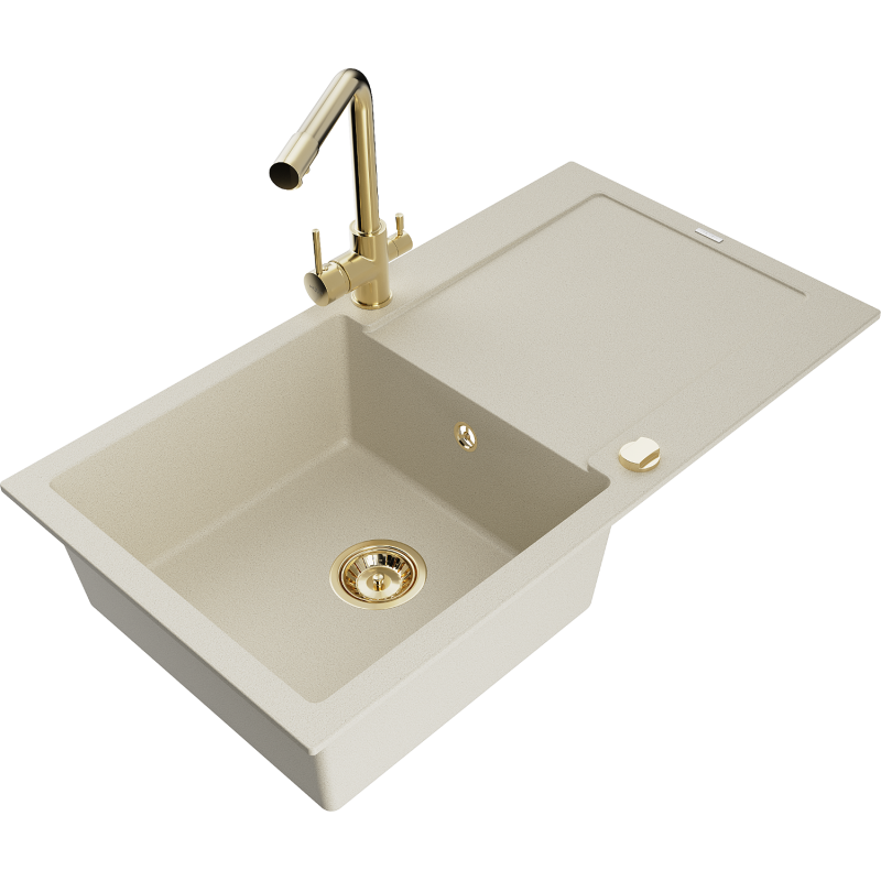 Mexen Leo 1-Bowl Granite Sink with Drainer and Duero Kitchen Tap, Beige- 6501-69-671600-50