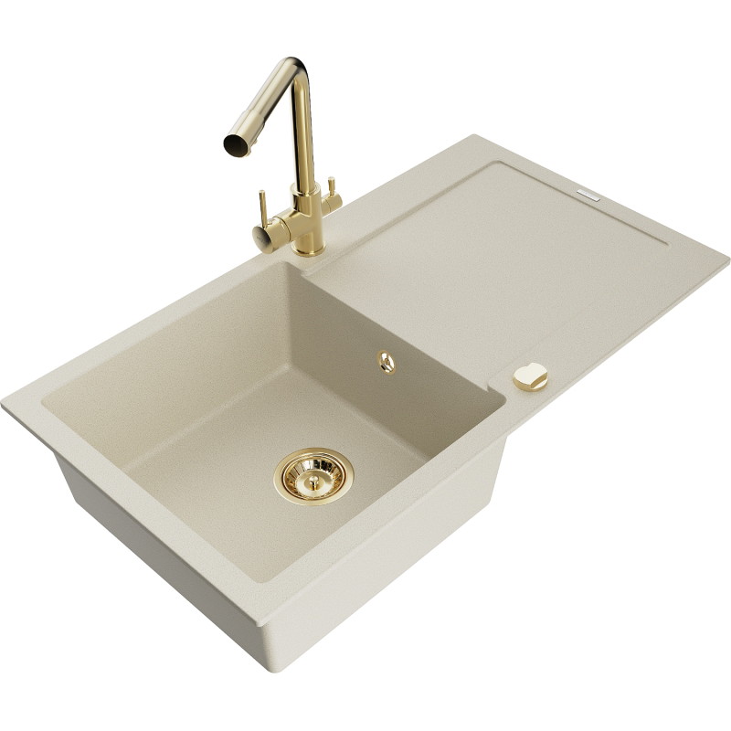 Mexen Leo évier en granit 1 bac avec égouttoir et robinet de cuisine Duero, beige - 6501-69-671600-50