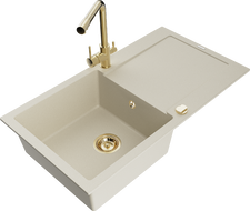 Mexen Leo Granitspüle 1-Becken mit Abtropffläche und Küchenarmatur Duero, beige- 6501-69-671600-50