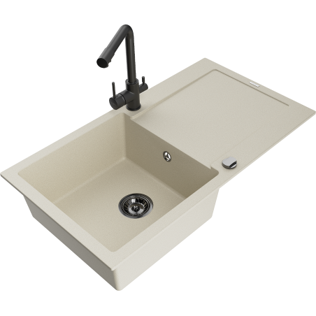 Mexen Leo granitais izlietne ar vienu nodalījumu, drenāžu un virtuves krānu Duero, bēšs - 6501-69-671600-70