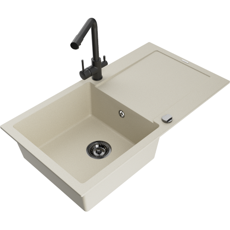Mexen Leo granitische spoelbak met 1 bak en afdruiprek en keukenmengkraan Duero, beige - 6501-69-671600-70