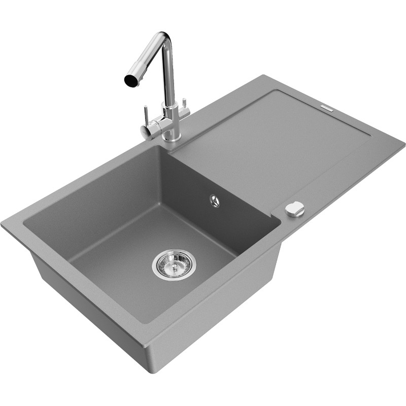 Mexen Leo Einbauküche Granitspüle 1-Becken mit Abtropffläche und Küchenarmatur Duero, grau - 6501-71-671600-00
