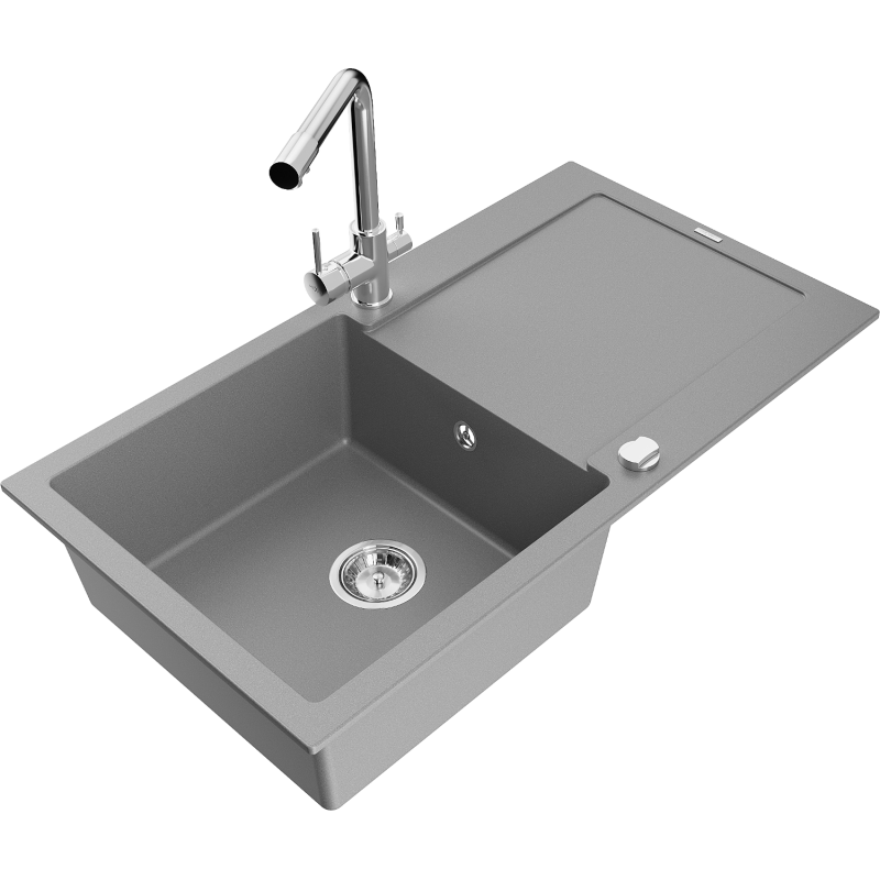 Mexen Leo fregadero de granito de 1 cubeta con escurridor y grifo de cocina Duero, gris - 6501-71-671600-00