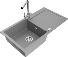 Mexen Leo fregadero de granito de 1 cubeta con escurridor y grifo de cocina Duero, gris - 6501-71-671600-00