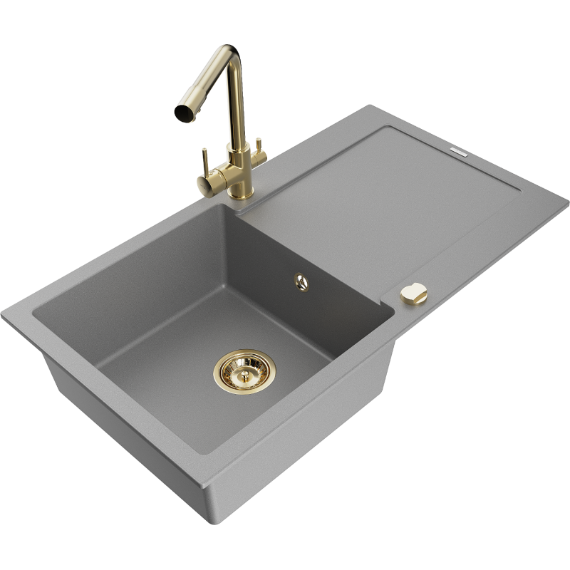 Mexen Leo 1-bowl granite sink with drainer and Duero kitchen tap, grey - 6501-71-671600-50