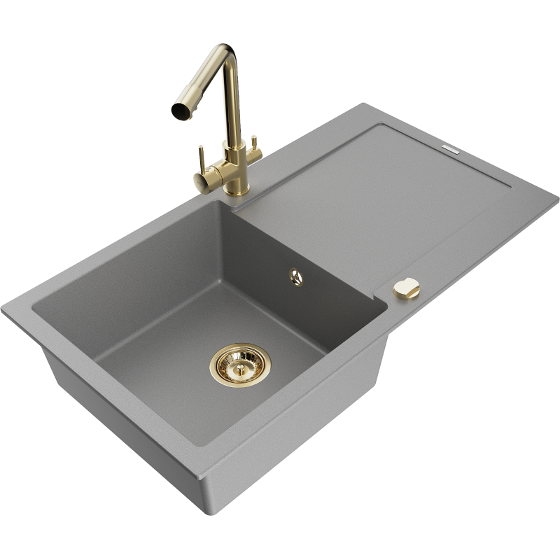 Mexen Leo évier de cuisine en granit 1 bac avec égouttoir et robinet de cuisine Duero, gris - 6501-71-671600-50