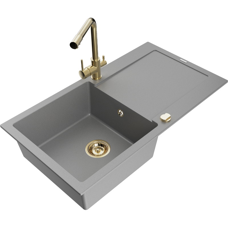 Mexen Leo fregadero de granito de 1 seno con escurridor y grifo de cocina Duero, gris - 6501-71-671600-50