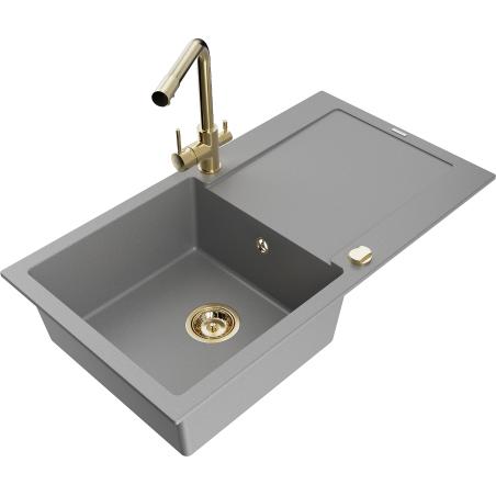 Mexen Leo fregadero de granito de 1 seno con escurridor y grifo de cocina Duero, gris - 6501-71-671600-50
