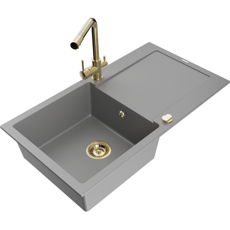 Mexen Leo granit spoelbak 1-komorige met afdruiprek en keukenkraan Duero, grijs - 6501-71-671600-50