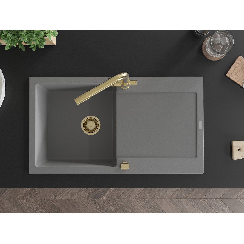 Mexen Leo enojni kamniti pomivalnik z odcejalnikom in kuhinjsko armaturo Duero, siv - 6501-71-671600-50