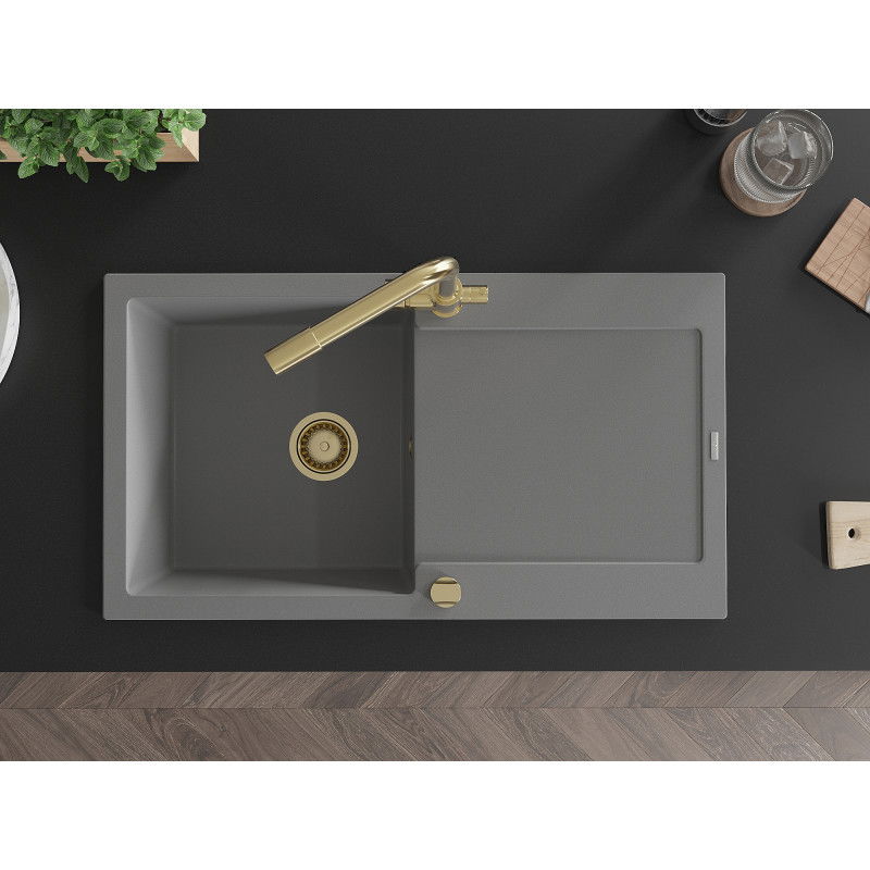 Mexen Leo fregadero de granito de 1 cubeta con escurridor y grifo de cocina Duero, gris - 6501-71-671600-50