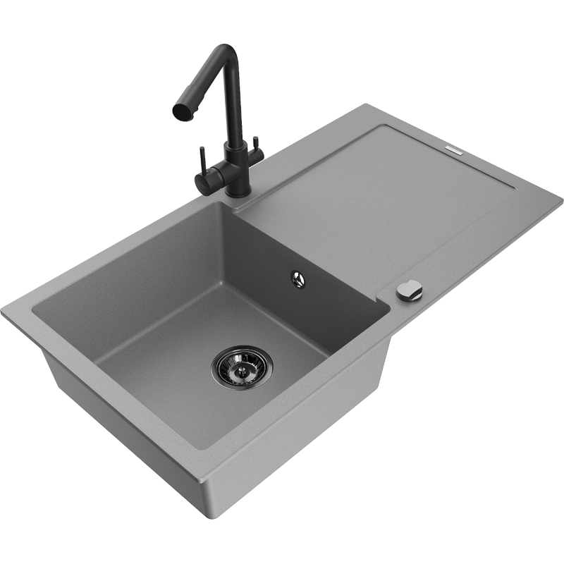 Mexen Leo fregadero de cocina de granito de 1 cubeta con escurridor y grifo de cocina Duero, gris - 6501-71-671600-70-B